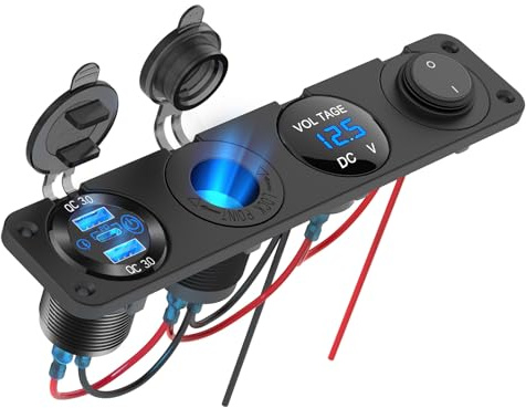Prise USB 12V Panneau d'interrupteur Marin, Chargeur USB Double PD3.0 en Aluminium pour Voiture, Prise Allume-Cigarette 150W éclairée, Voltmètre LED Bleu et Interrupteur à Bascule Kit de Bricolage
