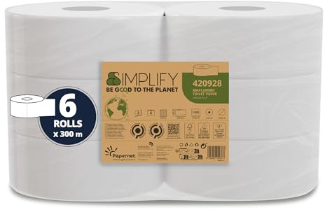 Papernet Simplify - Papier Hygiénique Maxi Jumbo 420928, 6 Rouleaux en Pure Cellulose de 300m Chacun, 2 Plis, 7 830 Services de 8,6x23 cm, Gaufrage Micro, Blanc