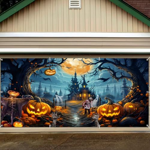 Duluxykl 7x16 FT Garage Door Banner - Scary Night Full Moon Halloween Decorations - Large Castle Pumpkins Banner Backdrop