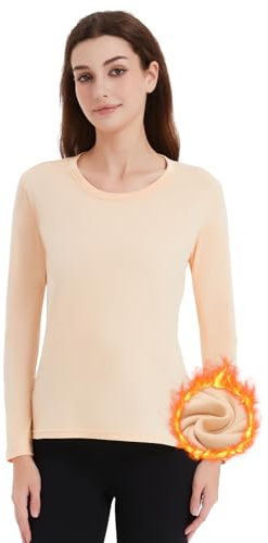 Soudittur Innenfleece Thermounterwäsche Damen Thermo Oberteil Langarm Unterhemd Winter Thermal Unterziehshirt Funktionsunterwäsche (L,Beige)