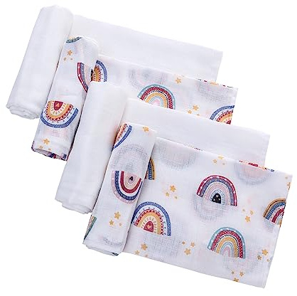 LAT Lot de 4 Lange Bébé en Mousseline de Coton, 70x70cm, Carrés de Mousseline Doux et Respirant Multi-Usage Serviette en Mousseline pour Bébé Nouveauné (Arc-en-Ciel+Blanc)