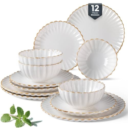 GBHOME Geschirrset für 4 Personen, 12-teilig | Steinzeug Teller & Schüsseln mit Handgefertigter Reliefstruktur & Reaktiver Glasur | Spülmaschinen- und Mikrowellengeeignet