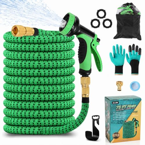 Tubo da Giardino Estensibile Tubo da Giardino 75FT/22.5m, Tubo per Irrigazione con Ugello a 10 Funzioni,Tubo Irrigazione con Raccordi in Ottone da 3/4 Per Lavaggio Auto, Giardino, Prato (75FT/22.5m)