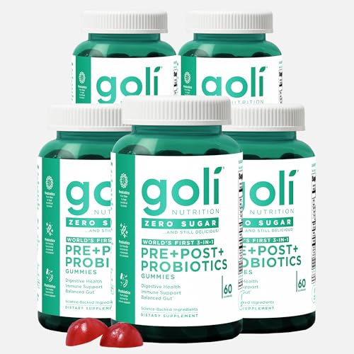 Goli Zero Sugar Pre Pro Postbiotic Gummies, 60 Count Each (5 Pack, 300 Total) - Worlds First 3-in-1 with DE111, XOS, MCC1849 - No Sugar Alcohols - Vegan, Keto-Friendly, Non-GMO