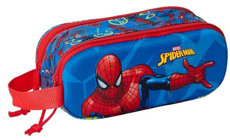 safta Spiderman 3D Doppelmäppchen für Kinder, ideal für Kinder im Schulalter, bequem und vielseitig, Qualität und Widerstandsfähigkeit, 21 x 6 x 8 cm, Marineblau/Rot, M, Casual
