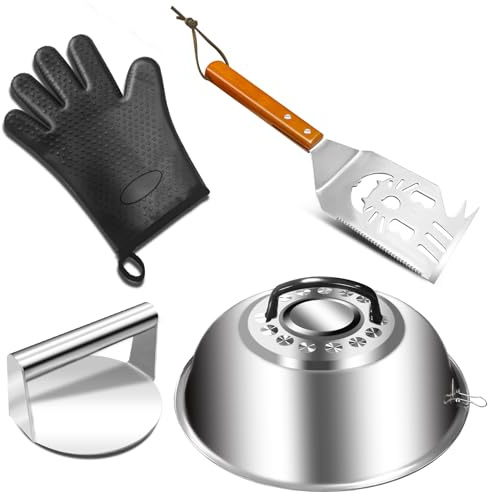 WISDOMWELL Smashed Burger Kit, Burger Press, 10 Inch Basting Cover, Grill Spatula, 1 BBQ Glove - Griddle Accessories Kit for Flat Top Griddle Grill Cooking