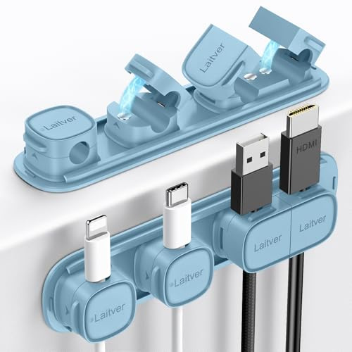 Cable Clips Holders - Laitver 6 Pack [Magnetic Buckle 1s Open/Lock] Cable Tidy Cord Organiser Management, No-Residue Strong Adhesive Desk Wire Charging Cords Keeper for Home, Office- Peak Blue