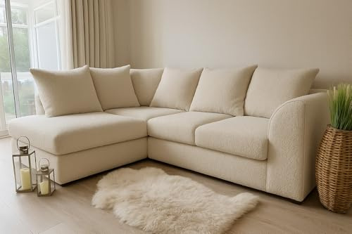 Boucle Corner Settee - Cream Corner L shape Sofa - Soft 4 Seater Teddy Fabric Couches - Sectional Left Hand or Right Hand Sofas - Scatter Back Deep Couch for Living Room & Apartment (Left Hand)