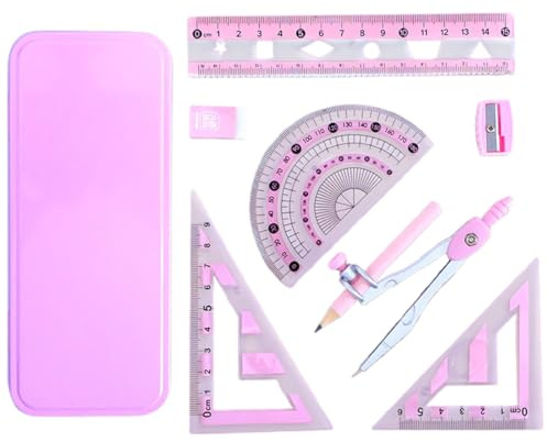 Set di geometria da 7 pezzi, squadrette da disegno 45 e 60, compasso scolastico, goniometro, squadra, righello per studenti, compasso, con scatola infrangibile, per studenti di matematica, rosa.