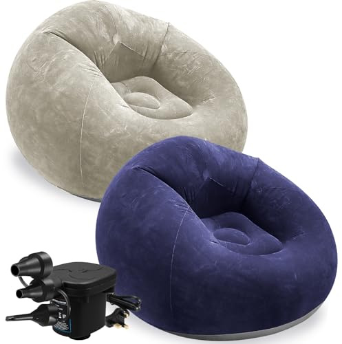 MSYU 2 Pcs Inflatable Bean Bag Chairs with Electric Air Pump, Portable Blow Up Sofa for Adults, Comfortable Lazy Couch for Camping, Gaming, Reading & Living Room, Mocha (Purple, Khaki)