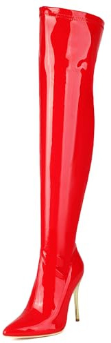 Lizoleor Tacco a Spillo Side con Cerniera Appuntito Donna Stivali Sopra Il Ginocchio Shiny Vernice Sposa Solid Color Long Stivali da Vestito Rosso Numero 37 EU/38Cn