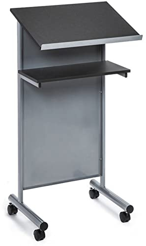 Audio-Visual Direct Wheeled Lectern with Storage Shelf - Silver/Black - Compact Standing Desk for Reading - LapTop Stand