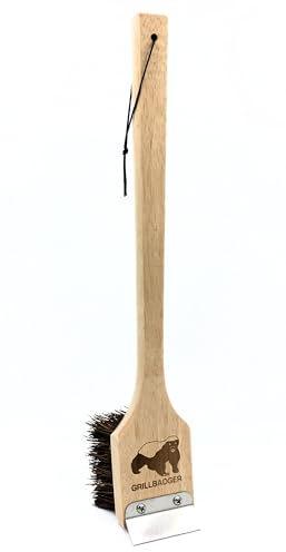 Natural Grill Brush, Non-Metallic Bristles, Durable Grill Brush, BBQ Brush, Outdoor Grills, Wooden Handle, Grill Cleaning, Wireless High Temperature Cleaner for Cast Iron Grates GRILLBADGER