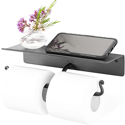 RTZEN Bathroom Toilet Paper Holder with Shelf - Handcrafted Rustic Wrought Iron Wall Decor Toilet Roll Holder - Black Matte Wall Mount Bar for Modern Farmhouse Bathroom Decor