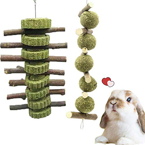 Barley Ears Giocattolo da Masticare per Conigli, Ramo di Mela + Palla di Erba con Torta di Fieno (2 Pezzi), Giocattolo Molare per Animali Domestici Naturali, Usato per Coniglio, Cincillà, Criceto