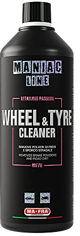 Ma-fra Maniac Car Detailing Line, Wheel & Tyre Cleaner, 2-in-1 Reiniger für Felgen und Autoreifen, entfernt Bremsstaub und Straßenschmutz von Alufelgen und Reifen, Format 1000 ml