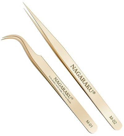 NAGARAKU Ögonfranspincett Set 1 Par Professionell Precisionspincett Rostfritt Stål Nagelpincett Lätt Tunn Rak och Böjd Guldfärgad Pincett Separerande & Mega Volym Fläktpincett (M-01 & M-02 Pincett)