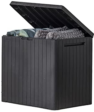 Keter City Aufbewahrungsbox und Terrassenmöbel, Beistelltisch für Pool und Gartenzubehör, aus Kunstharz, 30 Gallonen, Dunkelgrau