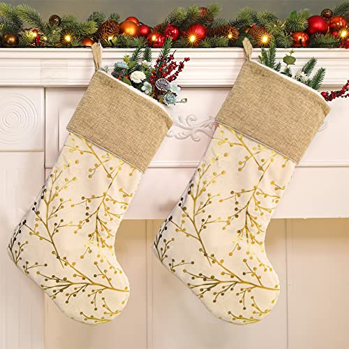 AOGU 2PCS 20 Inch Gold Linen Christmas Stockings with Berries Branches 2pcs for Merry Christmas Xmas Party Home Tree Decoration