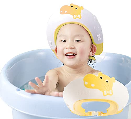 FUSACONY Duschhaube Kinder, Baby Verstellbarer Shampoo Schutz, Shampoo Bade Bad SchüTzen Weiche Kappe Hut, Kappe Wasserdicht Cap für Kinder 0-9 Jahre Jungen & Mädchen (Nilpferd Gelb)