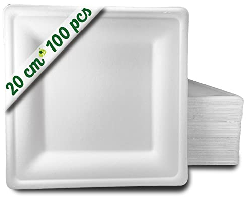 GoBeTree 100 piatti quadrate in canna da zucchero 20 cm bianchi. piatti di carta monouso extra resistenti, per campeggio, picnic, feste, barbecue, compleanni