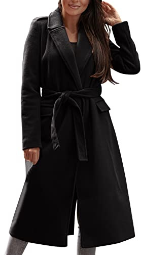L9WEI Abrigo largo de lana elegante para mujer, con cinturón, manga larga, cuello vuelto, gabardina, abrigo cálido, otoño, invierno, chaqueta de moda