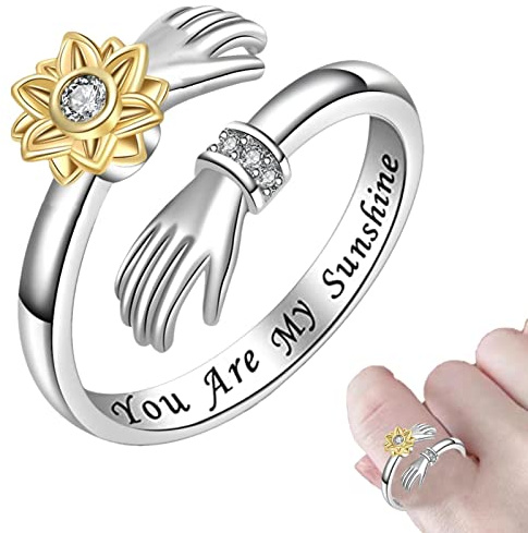 Sunflower Initial You Are My Sunshine,Öppna Daisy Flower Sunflower | Justerbara tumringar Sterling Silver, Flower Fidget Sterling Silver för flickor för kvinnor Lecerrot
