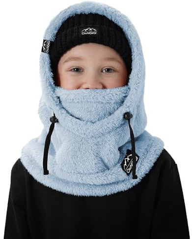 OWNGIGI Balaclava Ski Mask for Kids, Winter Windproof Face Mask for Cold Weather, Fleece Hooded Scarf Head Cover Neck Warmer Ice Blue