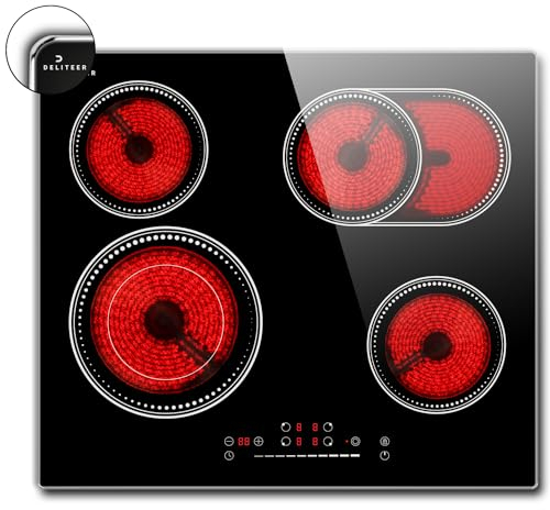 DELITEER Electric Hob 60cm, 4 Zone Ceramic Hob 6600W, Built-in 60cm Electric Ceramic Hob with Oval Zond and Double-ring burner, 99 Mins Timer, No Plug