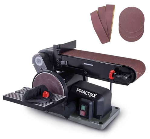 Practixx Band- und Tellerschleifer PX-BTS-370 Bandschleifer | 370W | Ø150mm Schleifteller | Bandlänge 100x915mm | Band-Speed 450m/min | Alu-Tisch & Queranschlag | Schleifmaschine mit 6-tlg Schleifset