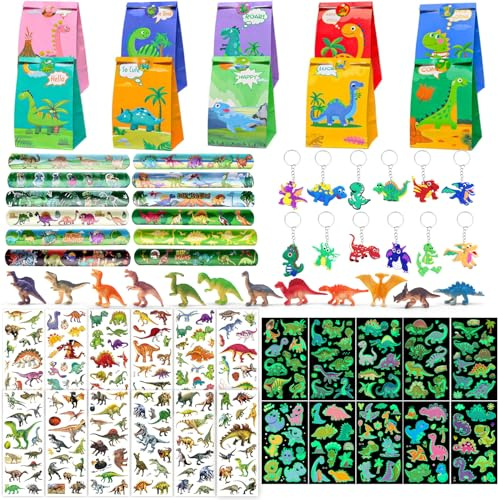 Dino party present barnfödelsedag, dinosaurie födelsedagsdekoration, 12 presentpåsar + 12 nyckelringar + 12 kardborrband + 12 mini dinosauriefigurer + 24 klistermärken, Dino födelsedag partytillbehör