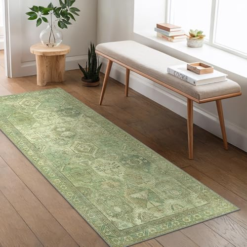 BEIMO Vintage Waschbarer Teppich Läufer Flur 60x150cm Grasgrün