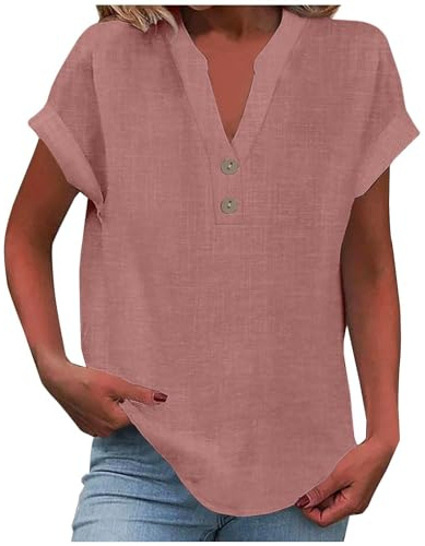 KOG Damen Shirt Basic Leinenbluse Oberteile Casual Kurzarm Tee Shirt Teenager Shirts Freizeit Leinenhemd Oberteil Frau Rundhals Lose Tshirt Rosa L