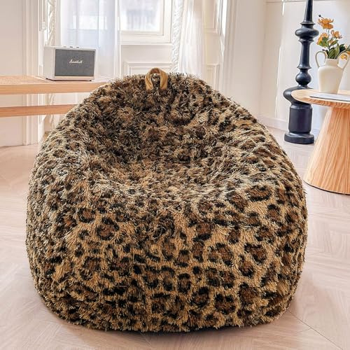 XeGe Faux Fur Leopard Print Bean Bag Chair Cover (No Filler), Fluffy Stuffed Animal Storage Cheetah Bean Bag Home Decor, Furry Fuzzy Big Beanbag Cover for Adults Teens Kids Girls, Anti-slip, Brown