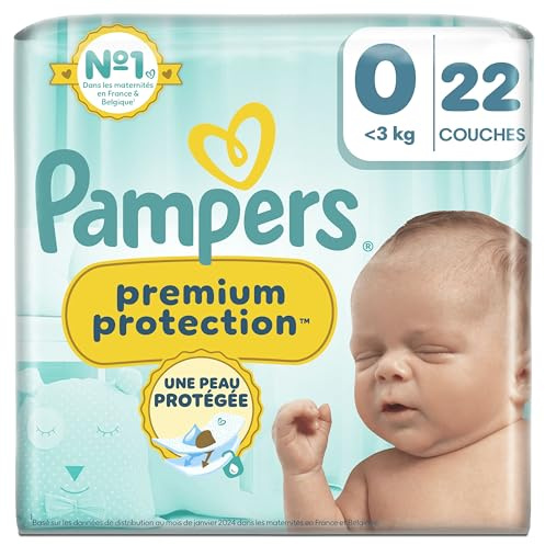 Pampers Premium Protection Taille 0, 22 Couches, 3kg, Double Protection Pour La Peau Et Contre Les Fuites