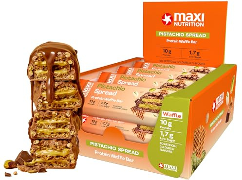 MaxiNutrition Barrita proteica de gofre con crema de pistacho, 26% de proteína, 199 kcal (12 barritas de proteína x 39 g), sin azúcares añadidos
