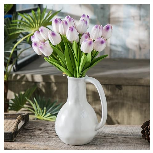 LONGDUOU Jarrón de cerámica blanca con asas grandes y paquete de 20 flores de tulipán artificiales de color blanco y morado, decoración moderna de granja, perfecto for el hogar, bodas y eventos especi