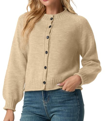 GRECERELLE Cárdigan de punto corto para mujer, cuello redondo, manga larga, jersey de punto clásico, top/suéter de punto con botones para otoño y primavera, albaricoque, XL