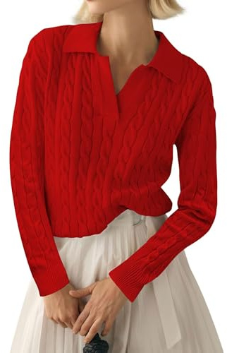 LACOZY Womens Fall Cable Knit Sweaters Long Sleeve V Neck Chunky Casual Pullover Tops 2025 Fashion Clothes Winter Trendy Red XL