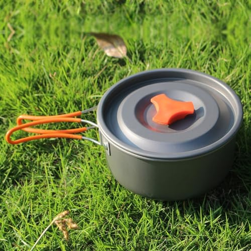 Yuanpgky Batterie de cuisine portable de camping pour 1 à 2 personnes – Kit de cuisine d'extérieur compact de 14 pièces avec casserole de 0,95 l, poêle à frire, bols, cuillères et éponge, dur