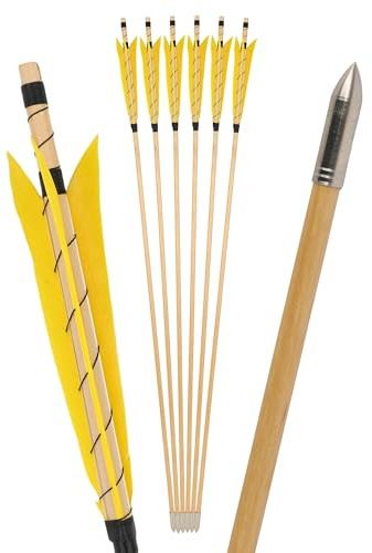 surwolf 31” bågskyttepilar av trä, traditionellt handgjorda, med 6” kalkonfjäder, OD8.5mm träskena, jaktmål för långbåge/recurvebåge hästbåge 6&12 st. (gul, 6pcs)