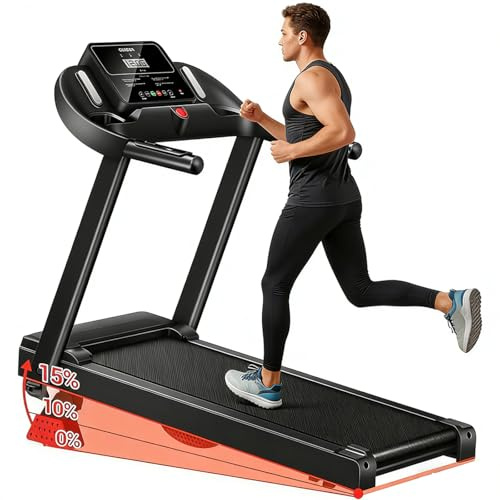 SUIUOI Hopfällbar löpband 15 % lutning | borstlös motor 3.0HP tyst <45dB | 12 + 3 smarta program | 7 lager dämpning | kardiosensorer | Platsbesparande | Max 136 kg