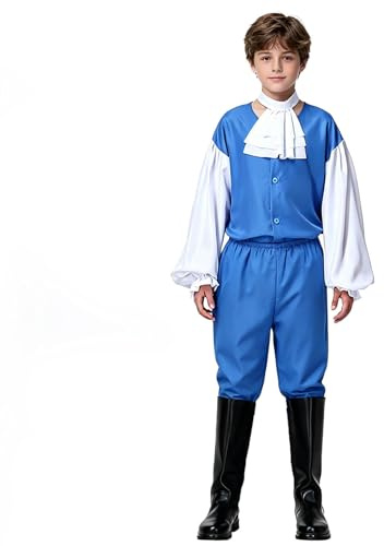 Yeahdor Barn, pojkar, set, prins, kostym, outfit, rollspel, kostym, prins, uppträdande dräkt, krause, falsk krage, byxdräkt, boll, blå, 122-128