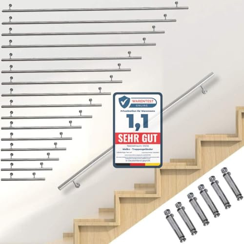 Melko Pasamanos de acero inoxidable V2A, incluye soporte de pared y tapas, pasamanos de pared, 140 cm, barandilla interior