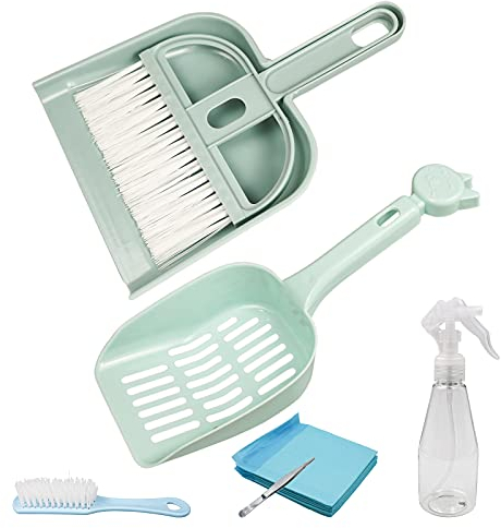 Roundler Haustier Kehrschaufel Set/Mini Besen Set Käfigreiniger für Kaninchen Meerschweinchen Hamster klo, Kunststoff-Reinigungsbürsten-Set mit Sprühflasche und Bad Sand Sägemehl Schaufel (Blau)