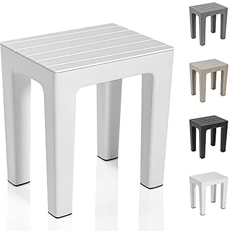 Inbagno Sgabello bagno doccia multiuso Lello alta resistenza, 38x29x41 cm effetto legno, portata 150 Kg (1, Bianco)