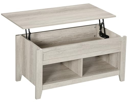 HOMCOM Lift Top Coffee Table w/Hidden Storage Compartment Open Shelves Lift Tabletop Pop Up Centre Table for Living Room Oak Effect