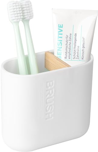 Toothbrush Holders Bamboo Electric Toothbrush Holder Bathroom Storage Organizer Countertop for Toothpaste, Floss, Razor, White