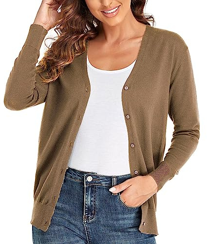 CUNYI Cardigan para Mujer Escote en V Rebeca de Punto Manga Larga Chaqueta de Mujer con Botones Abrigo Elegante, Caqui L