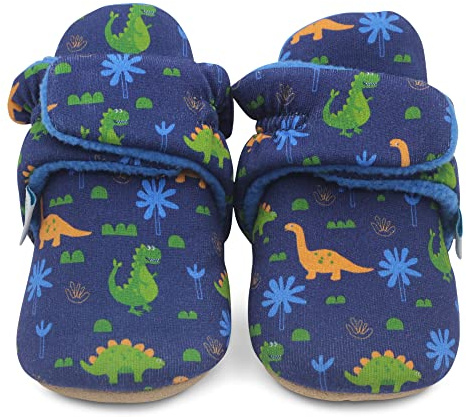 Dotty Fish Baby Booties – Cotton Winter Slippers with Warm Fleece Lining, Soft Suede Non-Slip Sole, Barefoot Feel, Adjustable Fit, Boys & Girls – Dinosaur 12-18 Months